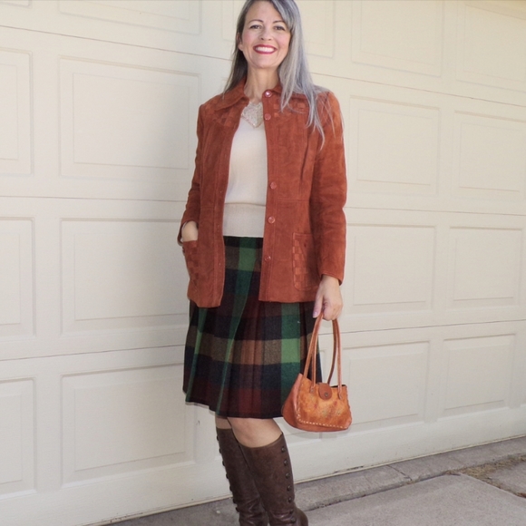 PLAID VINTAGE SKIRT green brown wool xs - Picture 4 of 10